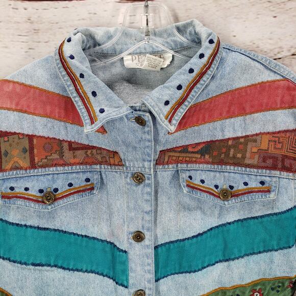Petite Sophisticate Denim Patchwork Embroidered Crop Jacket Size Medium - Picture 3 of 14